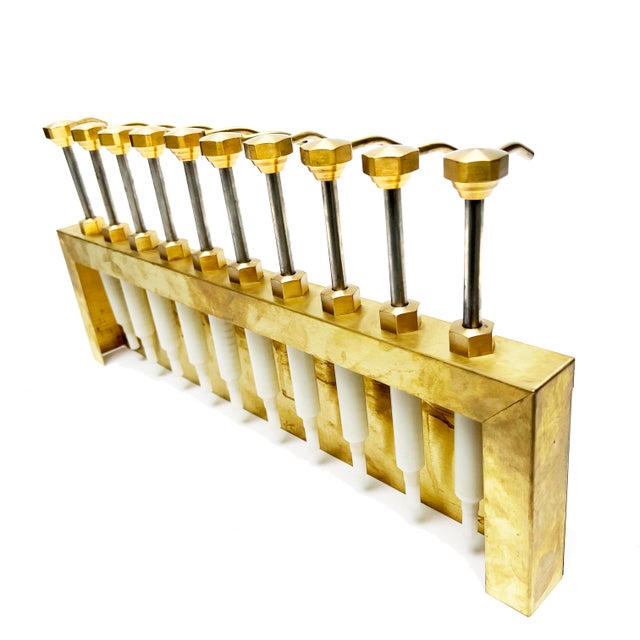 Mid-Century Modern Large Vintage Solid Brass Metal Industrial Row of Syrup Pumps For Sale - Image 3 of 3