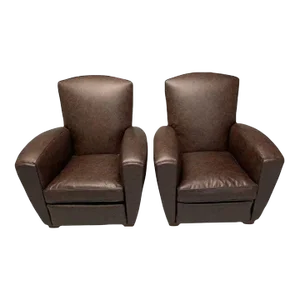 Jacques Adnet Style, French Art Deco Club Chairs, Distressed Leather, Oak, 1930s