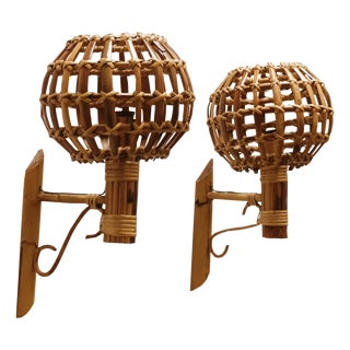 Bamboo and Rattan Lantern Wall Lamps attributed to Louis Sognot, France, 1960s, Set of 2 For Sale