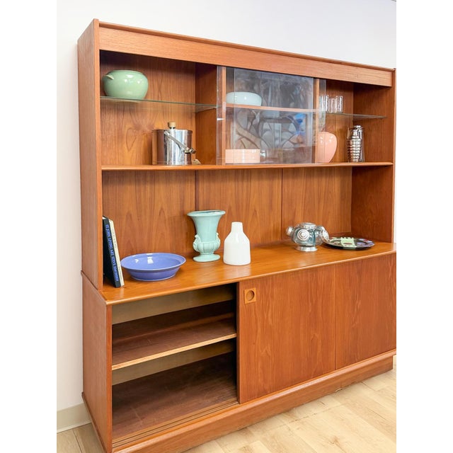MCM Teak 2 Piece China Cabinet Sliding Doors Shelves Vintage Buffet Storage For Sale - Image 17 of 17