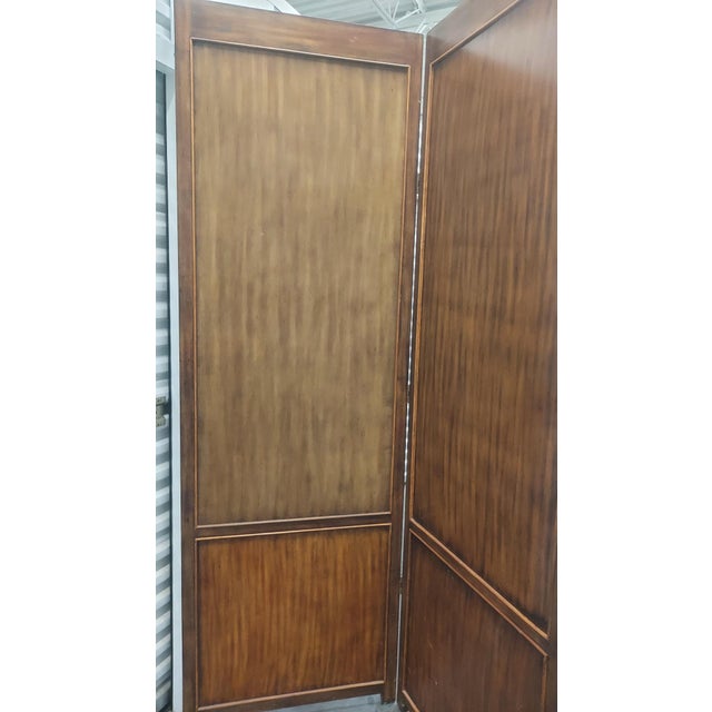Brown 19th-Century Replica Three-Panel Folding Screen — Oil-Painted Italian Landscapes With Carved Walnut Frame & Marquetry Inlay For Sale - Image 8 of 10