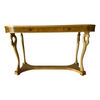 1980s Italian Hollywood Regency Oyster Burl Kidney Console Table With Carved Swans For Sale