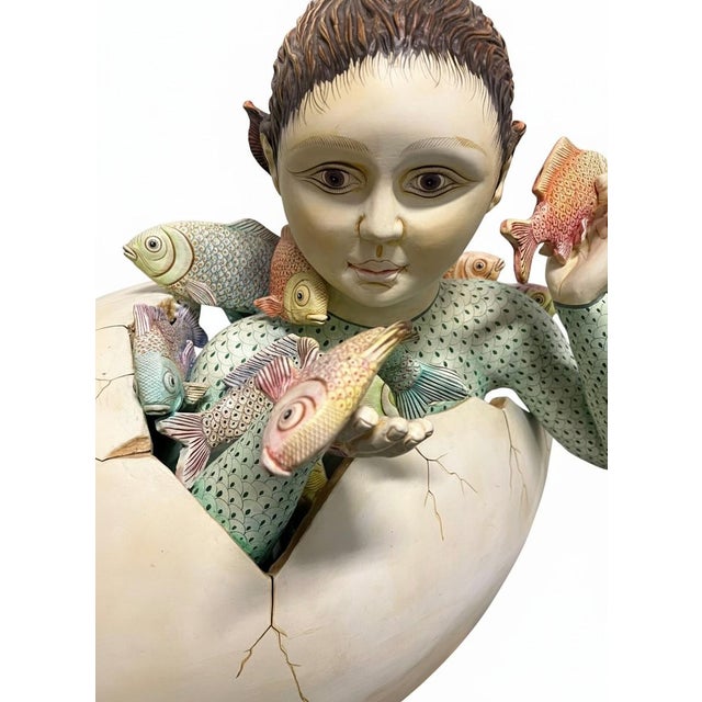 1980s Large Whimsical Sergio Bustamante "Egg With Fish" “Fish Boy” Hand-Painted Surrealist Sculpture For Sale In Chicago - Image 6 of 9