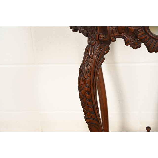 Romweber Style French Provincial Louis XV Carved Walnut and Satinwood Inlaid Marquetry Side Tables, Pair For Sale - Image 9 of 12