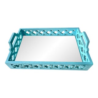Vintage Morrocan Style Turquoise Cut-Out Decorative Tray With Mirror Base For Sale