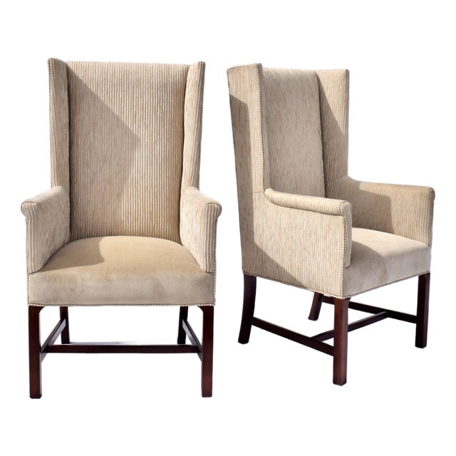1970s Vintage Hickory Wingback Dining Chairs With New Velvet Seats For Sale