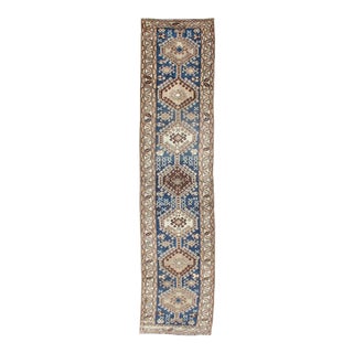 Antique Blue Tribal Karajeh Runner With Navy Blue, Brown and Earth Tones For Sale