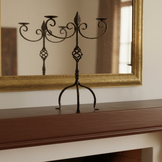 Hand Forged Iron Candelabra 24.5″ (62cm) Antique Gold Patina Finish 2-Arm Royal Scrolled Mantel Decor For Sale - Image 4 of 7