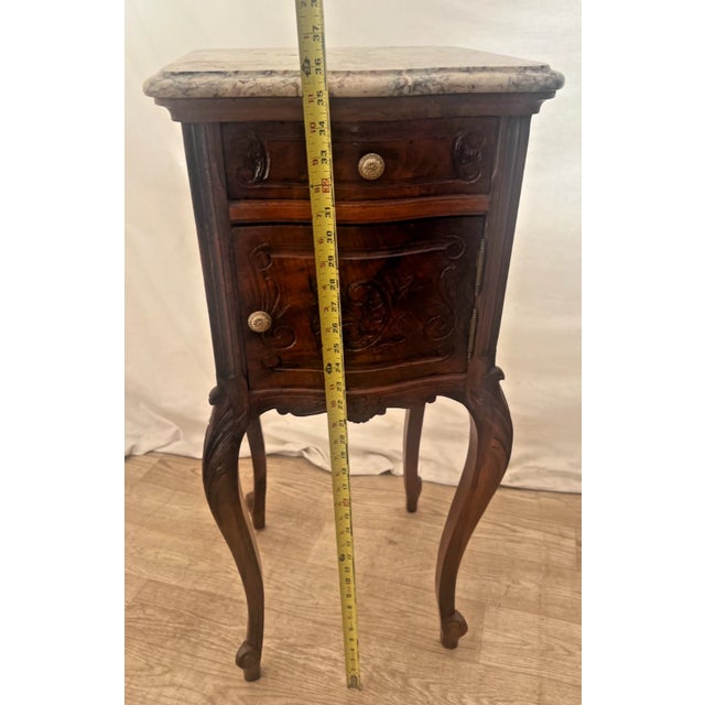 Antique French Nightstand Marble Top Commode Cabinet, Drawer, Carved Walnut For Sale - Image 9 of 12