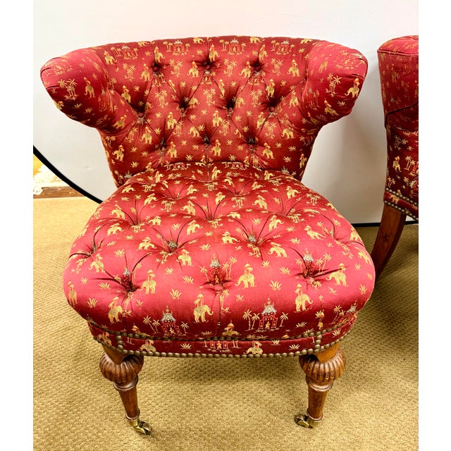 Lillian August Pair of Chinoiserie Tufted Red Barrel Back Slipper Chairs For Sale - Image 4 of 11