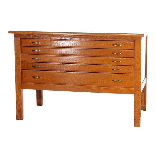 1910s Architectural Arts & Crafts Oak 5-Drawer Map Cabinet For Sale