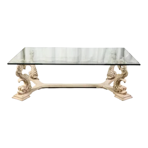 Mid-Century Hollywood Regency Italian Carved Dolphin Cerused Pine Coffee Table