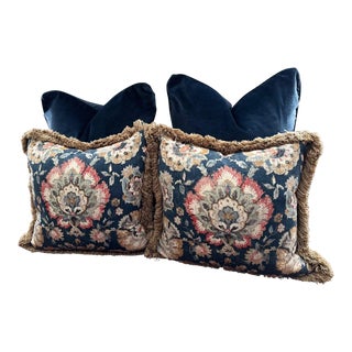 Ethan Allen Custom Toss Pillows With Down Inserts Navy Solid and Tapestry Pattern - Set of 4 For Sale
