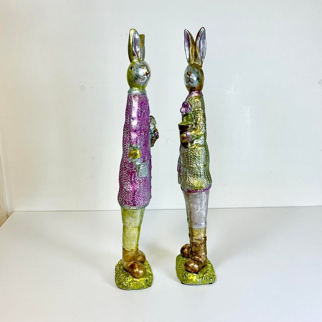 Vintage Boho Chic Shabby Chic Foil Wrapped Plaster Tall Rabbits - A Pair - Easter For Sale - Image 6 of 14