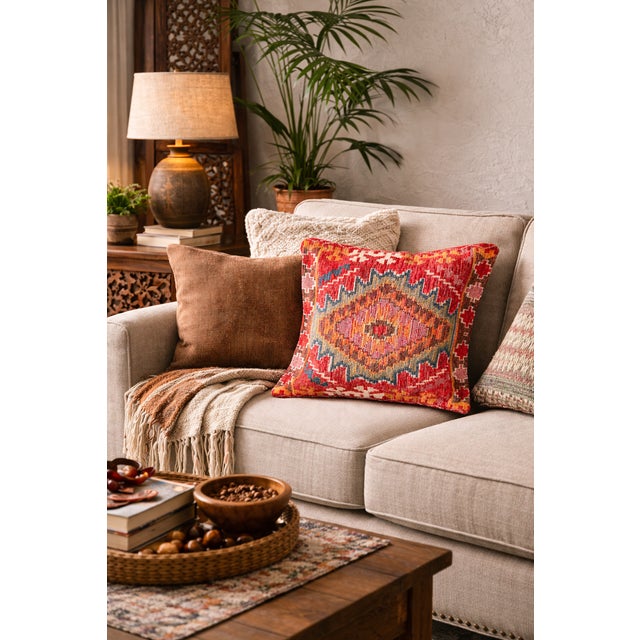 Vibrant and richly patterned Turkish pillow cover featuring a bold geometric motif in warm burnt orange, red, ivory, and...
