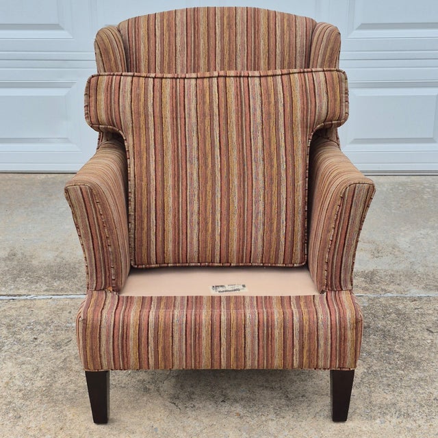 2010 Stratford Caye Transitional Striped Cocoa Brown Wingback Arm Chair For Sale - Image 9 of 13