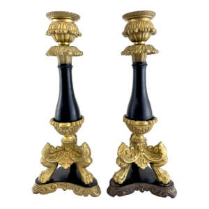 Mid Century Vintage Gilt Bronze and Black Enamel Candlesticks, a Pair