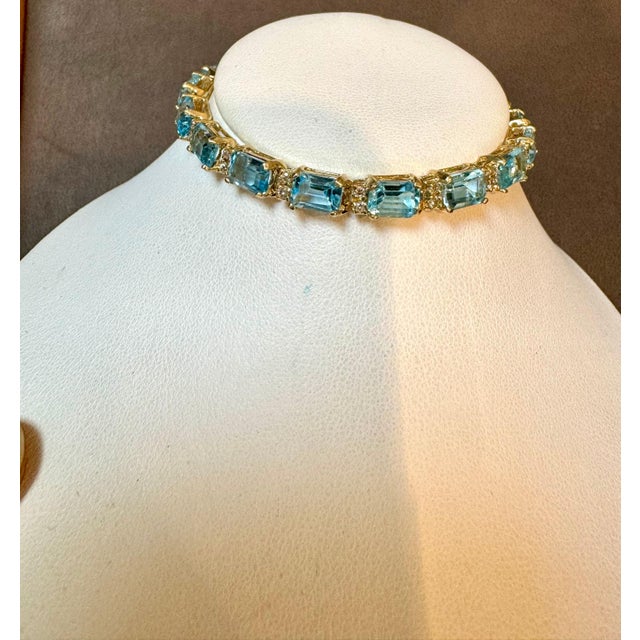 Gemstone Classic Emerald-Cut Swiss Blue Topaz Bracelet with Diamonds, 14 Kt Yellow Gold For Sale - Image 7 of 18