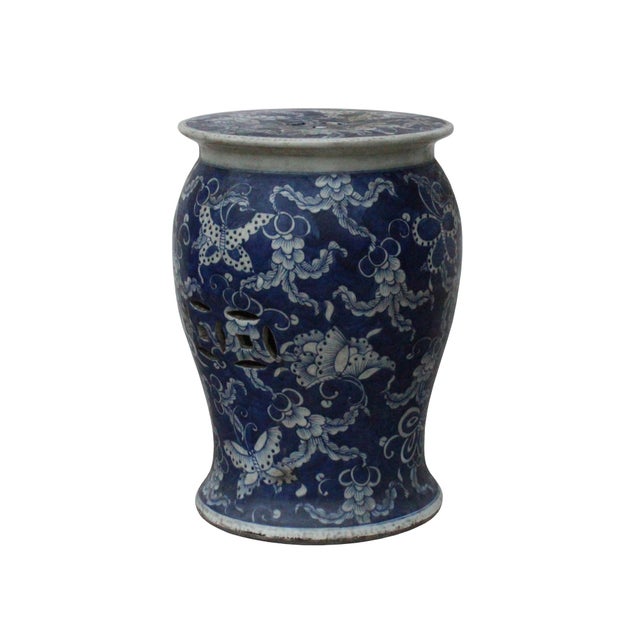 Distressed Blue & White Porcelain Round Butterflies Stool Side Table For Sale - Image 4 of 7