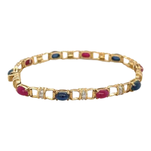 Cabochon Cut Blue Sapphire and Ruby Charm Bracelet in 18k Gold