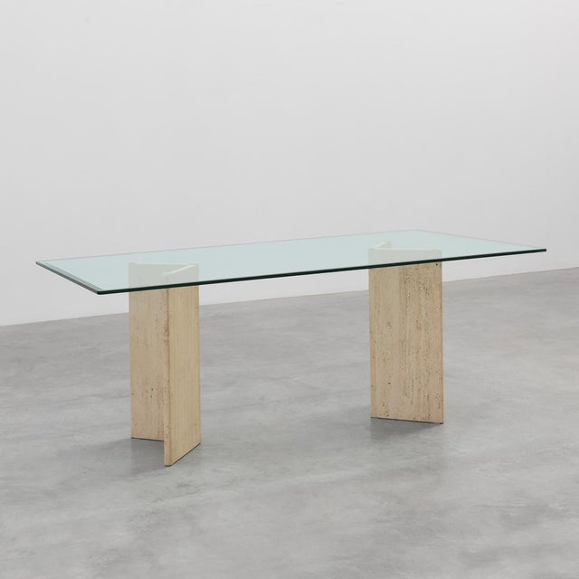 Mid‑Century Italian Dining Table with Glass Top and Travertine Base, 1970s For Sale - Image 11 of 11