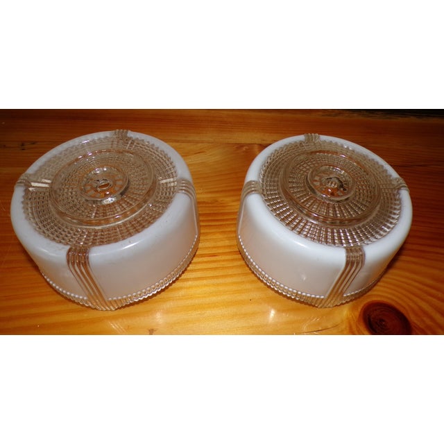 1940s Vintage Art Deco Round Ceiling Light Fixture Milk & Clear Glass Shade For Sale - Image 5 of 18