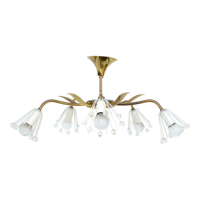 Emil Stejnar Austria Five Arms Brass Blown Glass Flush Mount Sputnik Orbit 1950 For Sale