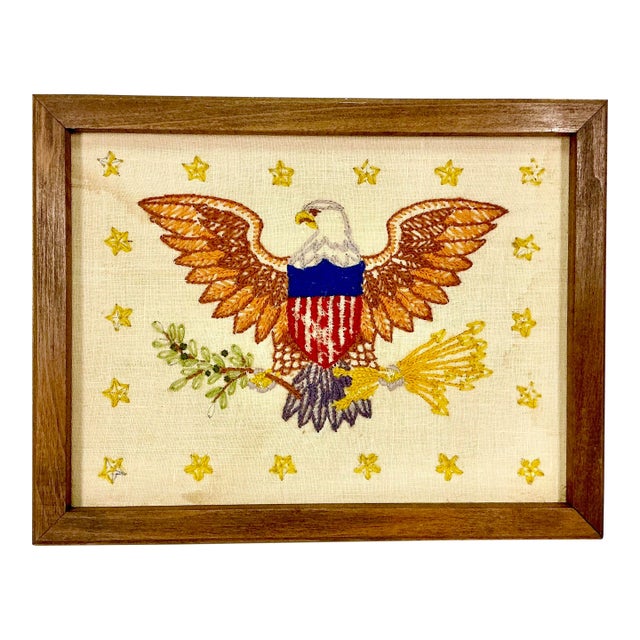 1930s Vintage Boho Chic Americana Patriotic Eagle Needlepoint Yarn Sampler, Framed For Sale