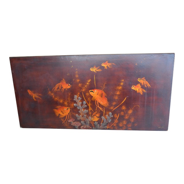 1950's Song Ho Vietnamese Black Lacquer Gold Koi Fish Artwork Painting on Wood For Sale