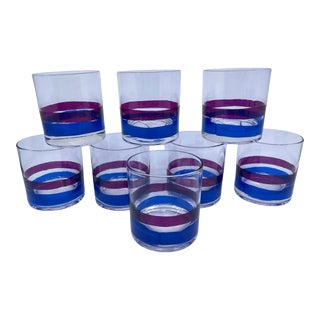 Vintage Blue and Purple Striped Low Ball Glasses - a Set of 8 For Sale