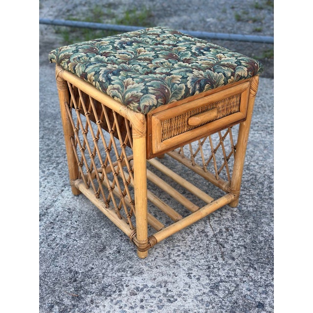 Brown Antique Tapestry Covered Rattan Side Table For Sale - Image 8 of 9