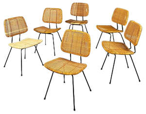 Mid-Century Modern Italian Wicker & Black Metal Chairs, 1960s, Set of 6