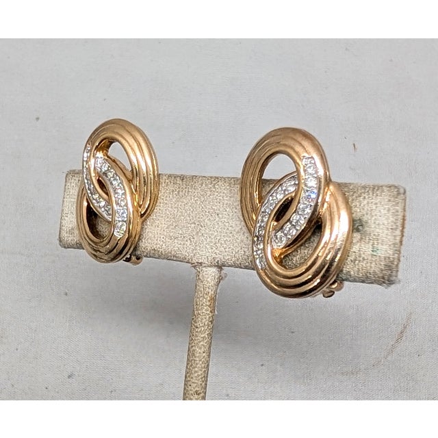 American Vintage 1980s Signed Panetta Goldtone Clear Rhinestone Figure-8 Clip Earrings-2 Pieces For Sale - Image 3 of 7