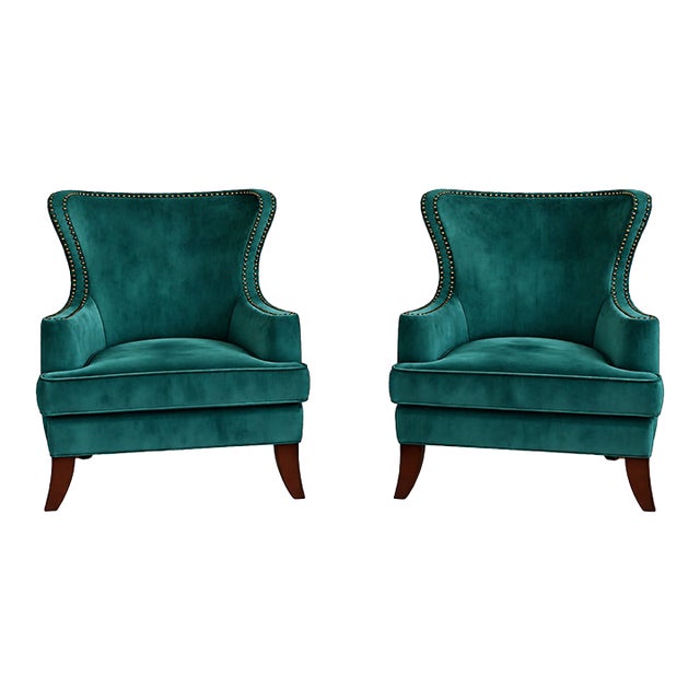Pair of Teal Velvet Wingback Accent Chairs With Nailhead Trim For Sale
