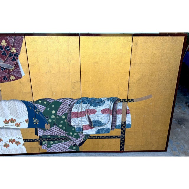 Japanese Six-Panel Byōbu/ Screen Depicting Kimonos and Obi Draped on an Ikō Rac For Sale - Image 14 of 18