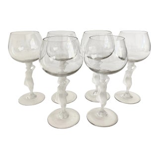 Vintage French Bayel Bacchante Frosted Figural Water/Wine Goblets - Set of 6 For Sale