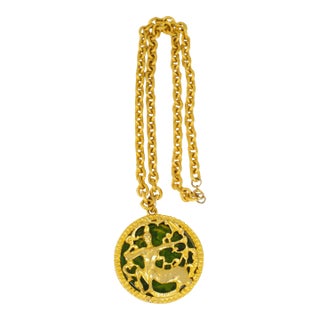 Pauline Rader Gilt Metal Necklace With Centaur Pendant and Green Bakelite For Sale