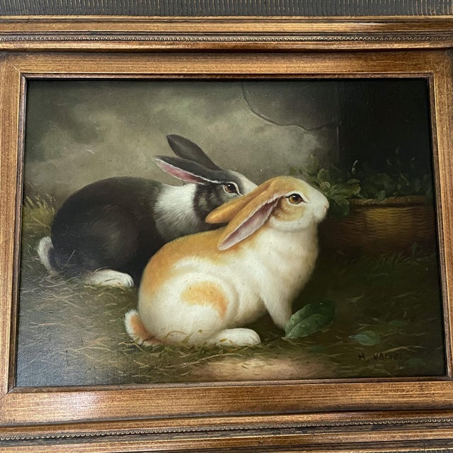 Late 20th C. Oil on Canvas Painting of Dutch Bunny Rabbits by H. Hagel