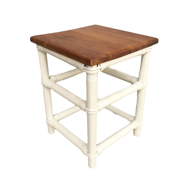 Restored White Rattan Cocktail Side Table W/ Mahogany Top For Sale