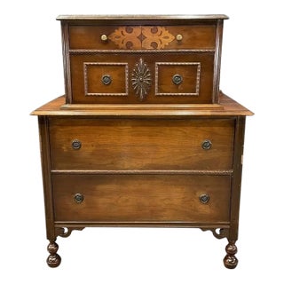 Antique Walnut Chest on Chest, Inlaid Highboy Dresser, Late Victorian Tall Chest, English Style Bedroom & Entryway Furniture For Sale