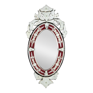 Venetian Etched Red And Silver Glass Rococo Oval Mirror