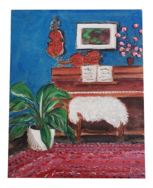 "Bohemian Piano Interior" Contemporary Acrylic Painting on Masonite