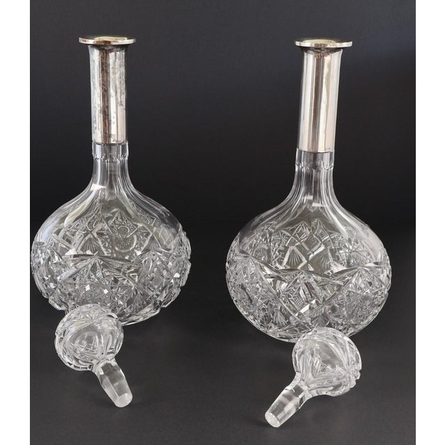 Antique European Cut Crystal Decanters With 880 Silver Collars - a Pair For Sale - Image 4 of 8