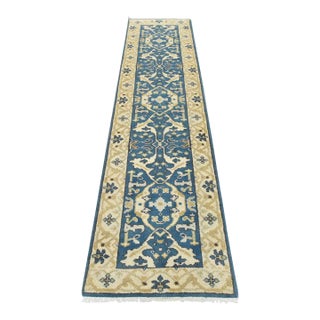 Oushak Runner 2’7” X 9’11” Blue Wool Tribal Hand-Knotted Oriental Rug For Sale