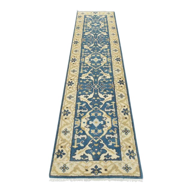 Oushak Runner 2’7” X 9’11” Blue Wool Tribal Hand-Knotted Oriental Rug For Sale