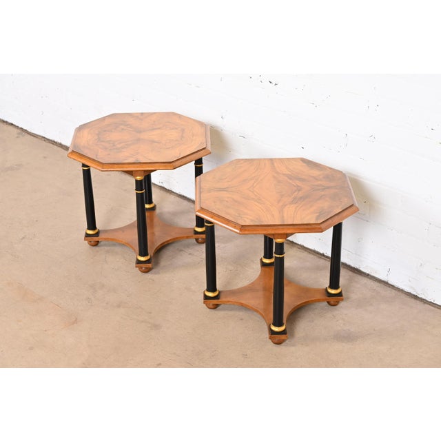 Baker Furniture Neoclassical Burl Wood Parcel Ebonized and Gilt Side Tables, Pair For Sale In South Bend - Image 6 of 13
