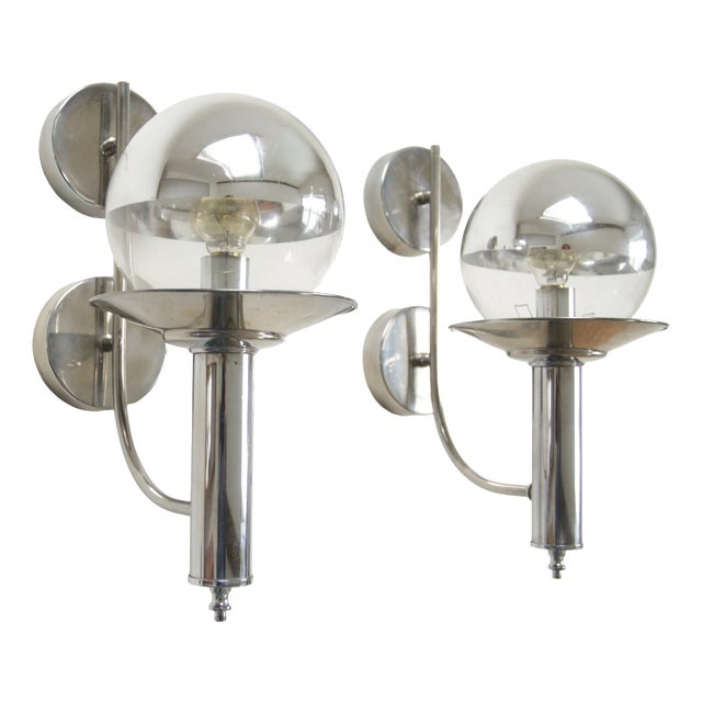Mid-Century European Chrome Wall Sconces with Mirrored Globe Shades, 1960, Set of 2 For Sale