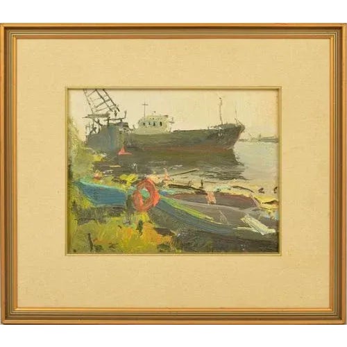 Ship Pier, 20th Century, Oil on Board For Sale - Image 4 of 4