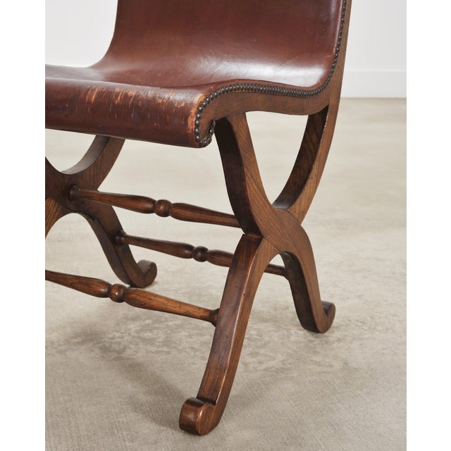 Set of Eight French Provincial Leather Oak Curule Dining Chairs For Sale - Image 13 of 18
