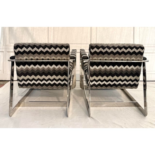 Metal Pair of Mid-20th Century Chrome Frame Lounge Chairs With Flame Stitch Upholstery, Newly Recovered For Sale - Image 7 of 16